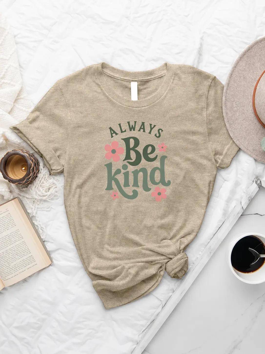 Always Be Kind T-shirt in Heather Tan with sage green retro typography and pink floral accents