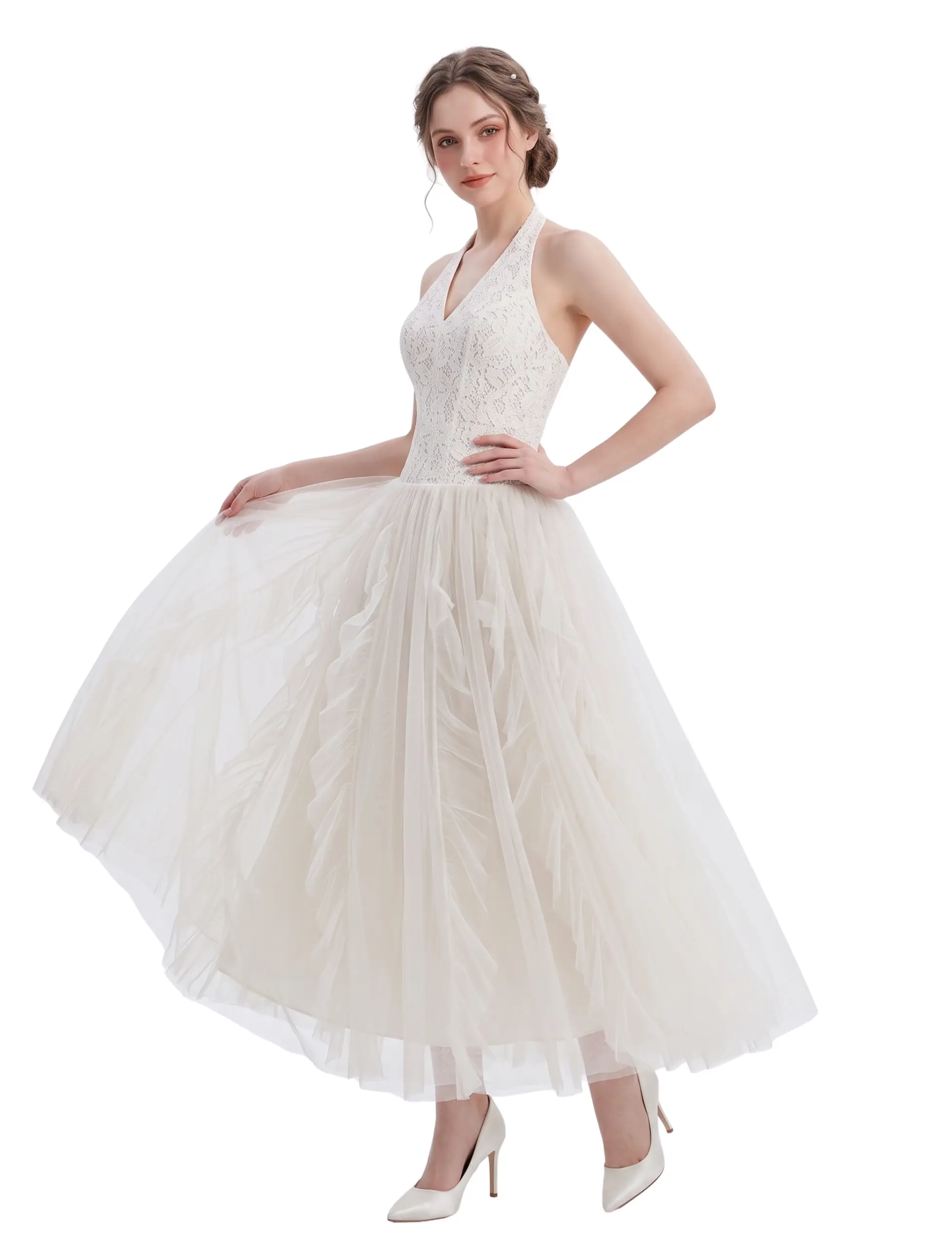 Athelia White Lace Halter Maxi Dress