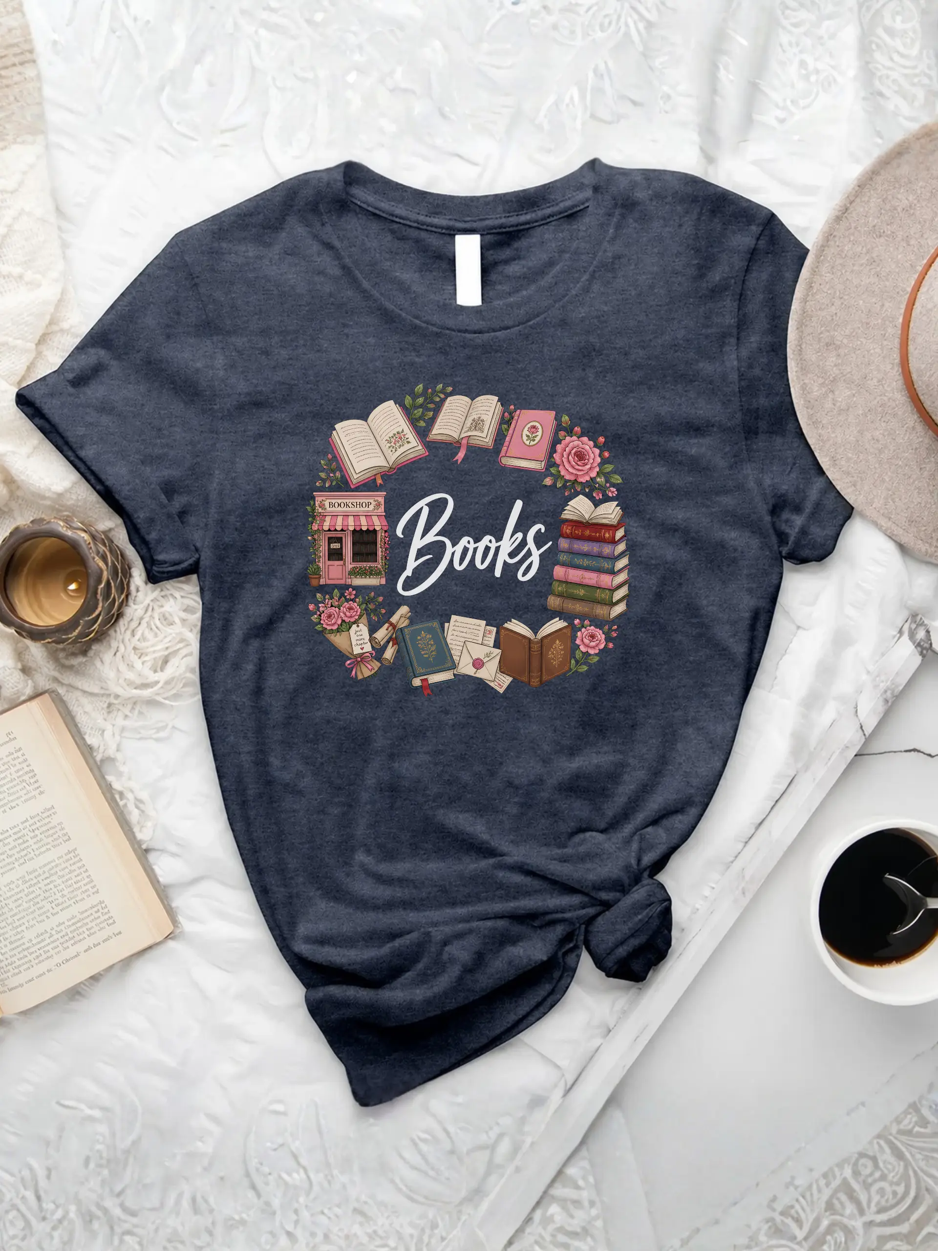 Book Wreath T-Shirt in Heather Navy with vintage books, pink roses, bookshop, and literary accessories