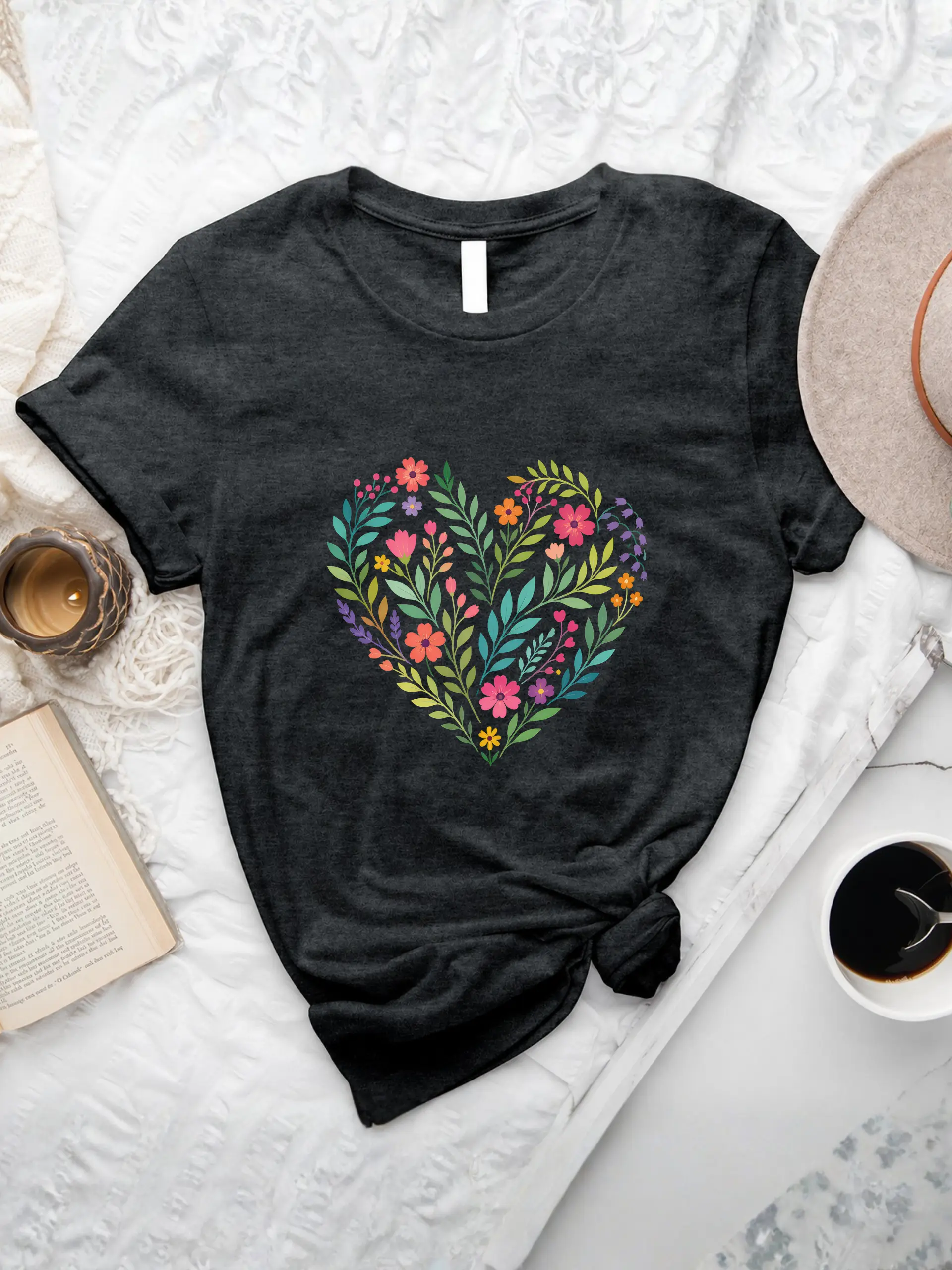 Bright Flower Heart T-Shirt in black heather with a colorful wildflower heart graphic