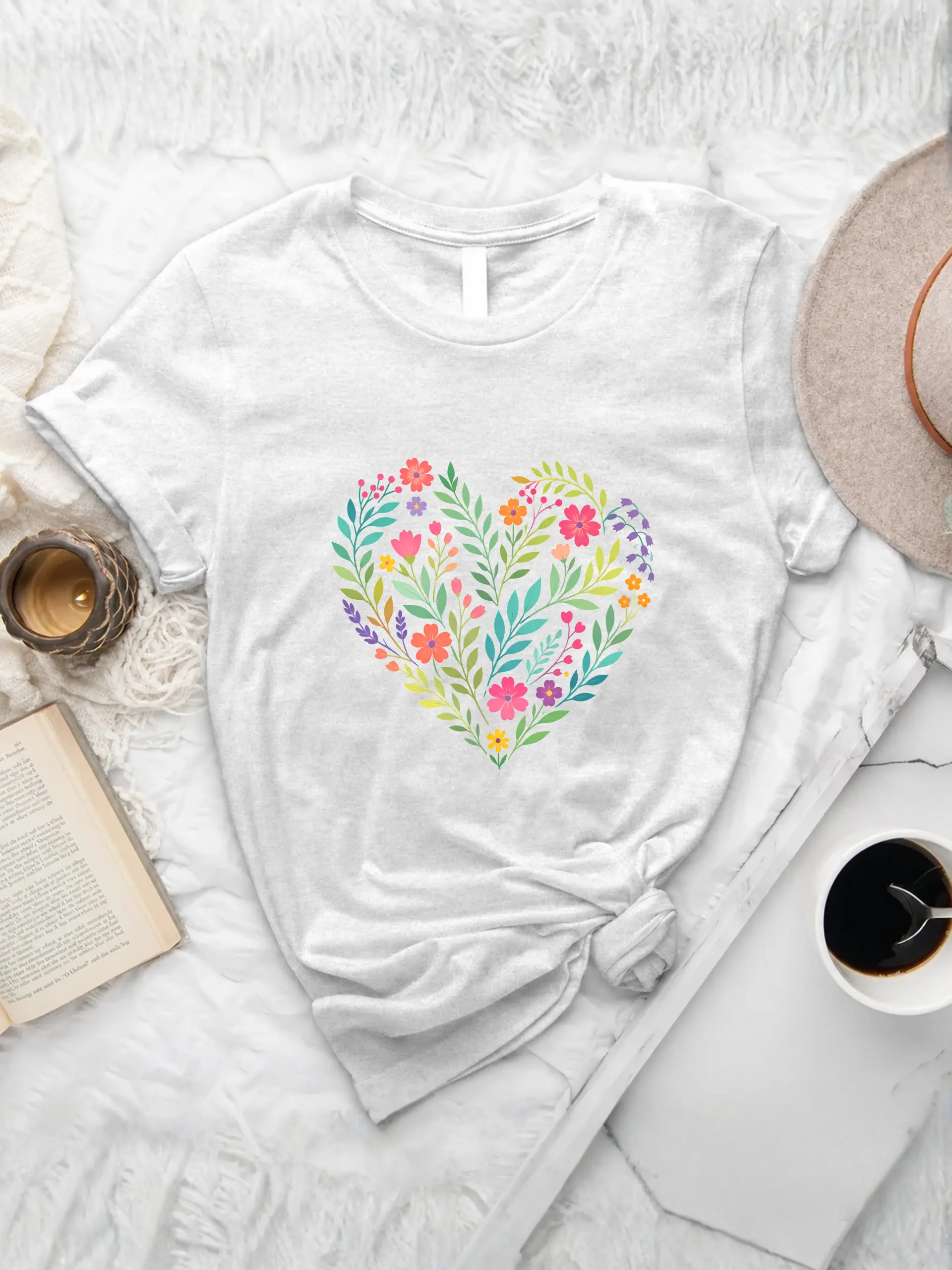 Bright Flower Heart T-Shirt in white with a colorful wildflower heart graphic