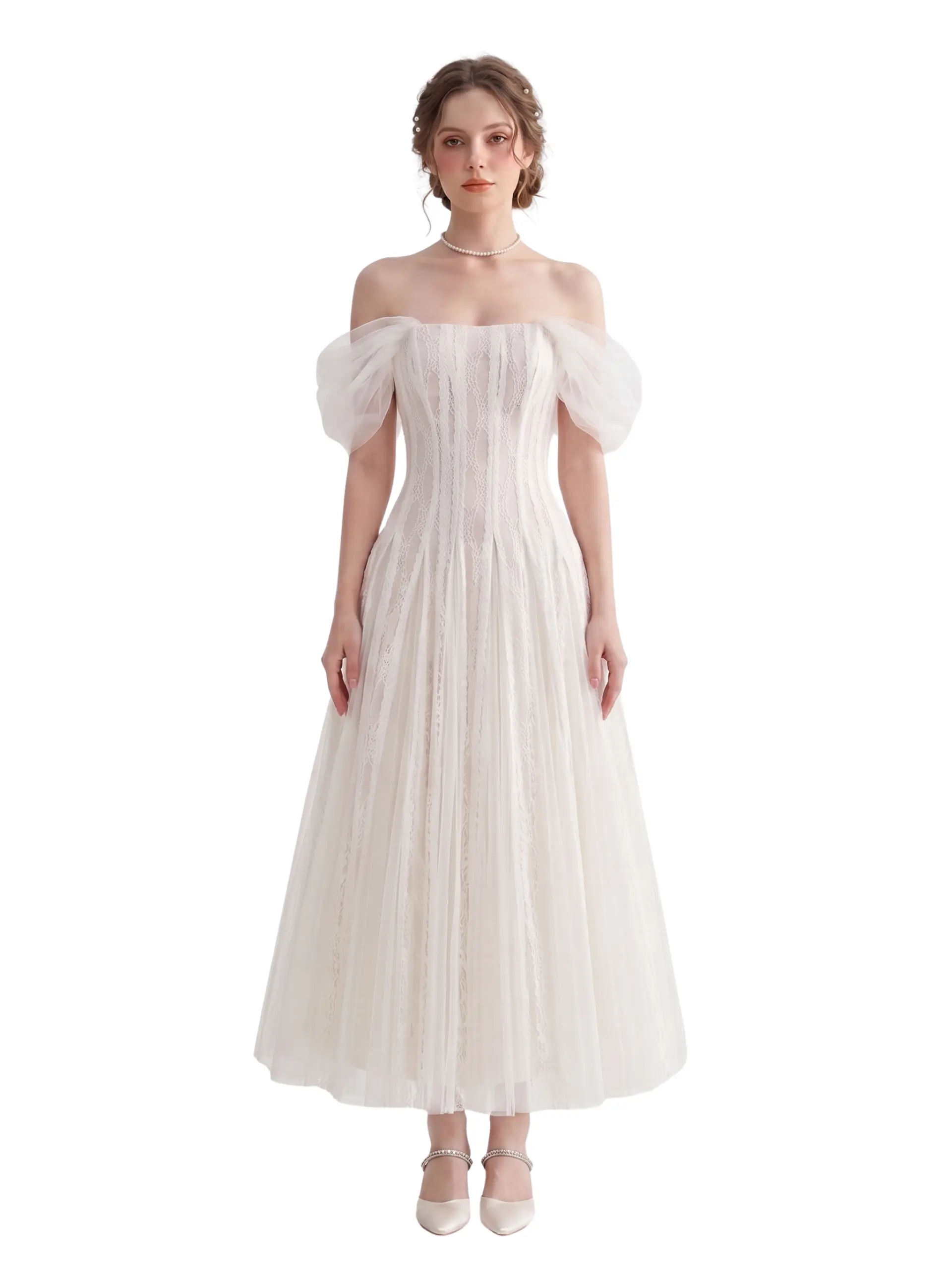 Front view of a woman wearing the Cicela white lace off-the-shoulder corset dress with tulle sleeves and a flared tea-length skirt.