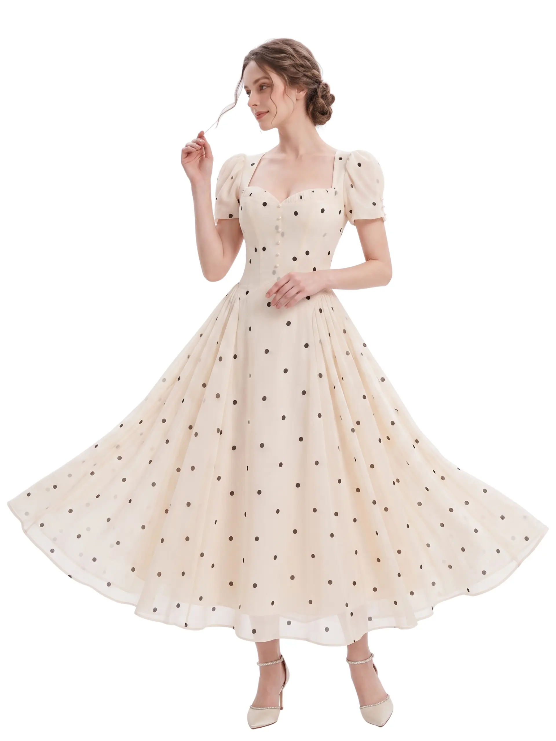Claudi Ivory Polka Dot Puff-Sleeve Maxi Dress