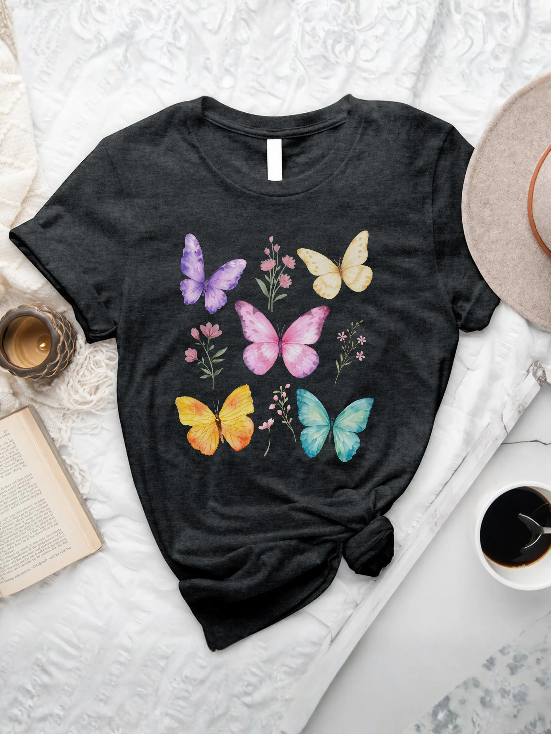 Colorful Butterflies T-shirt in Dark Grey Heather with watercolor butterflies and delicate floral accents