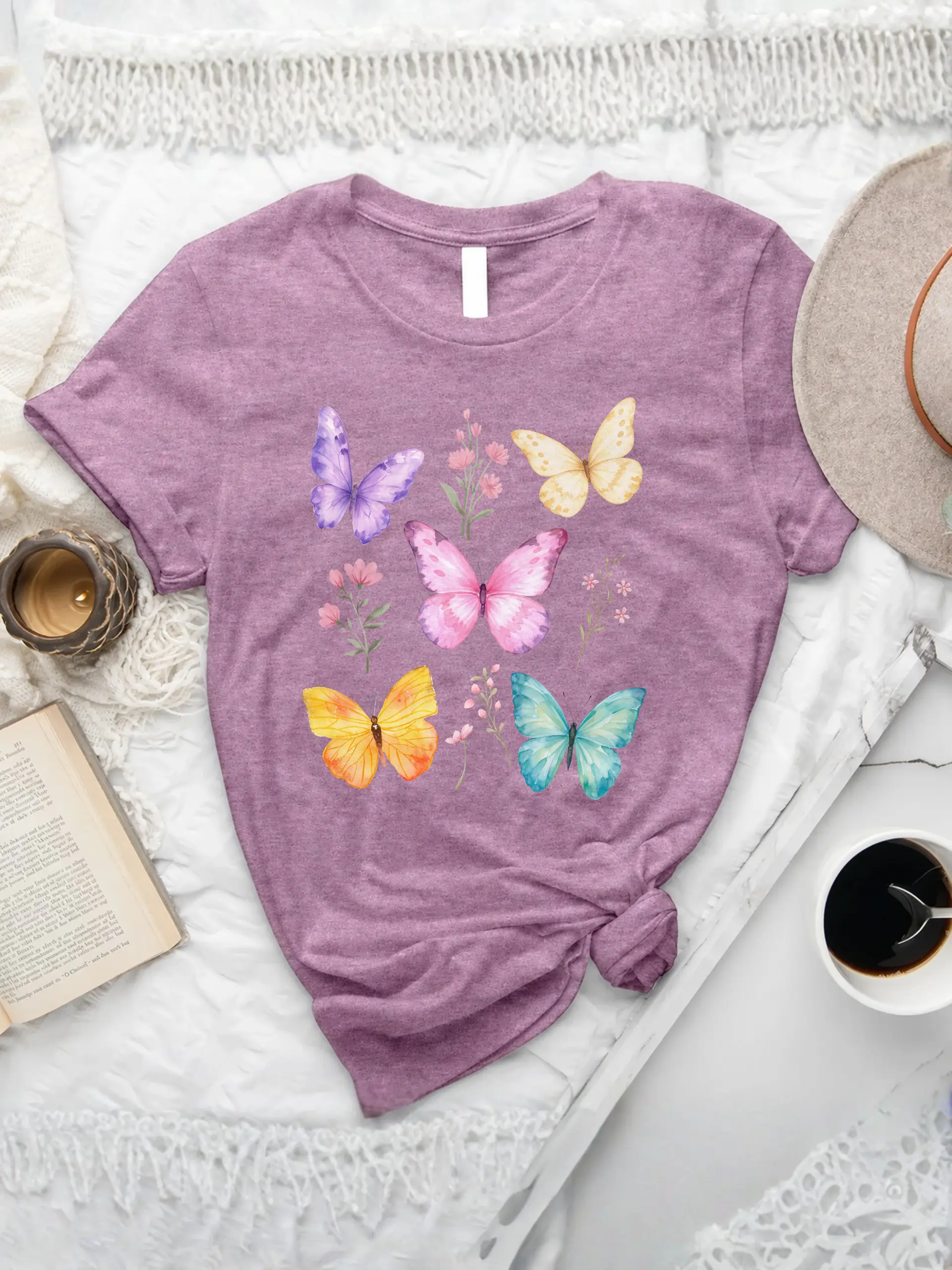 Colorful Butterflies T-shirt in Heather Orchid with watercolor butterflies and delicate floral accents