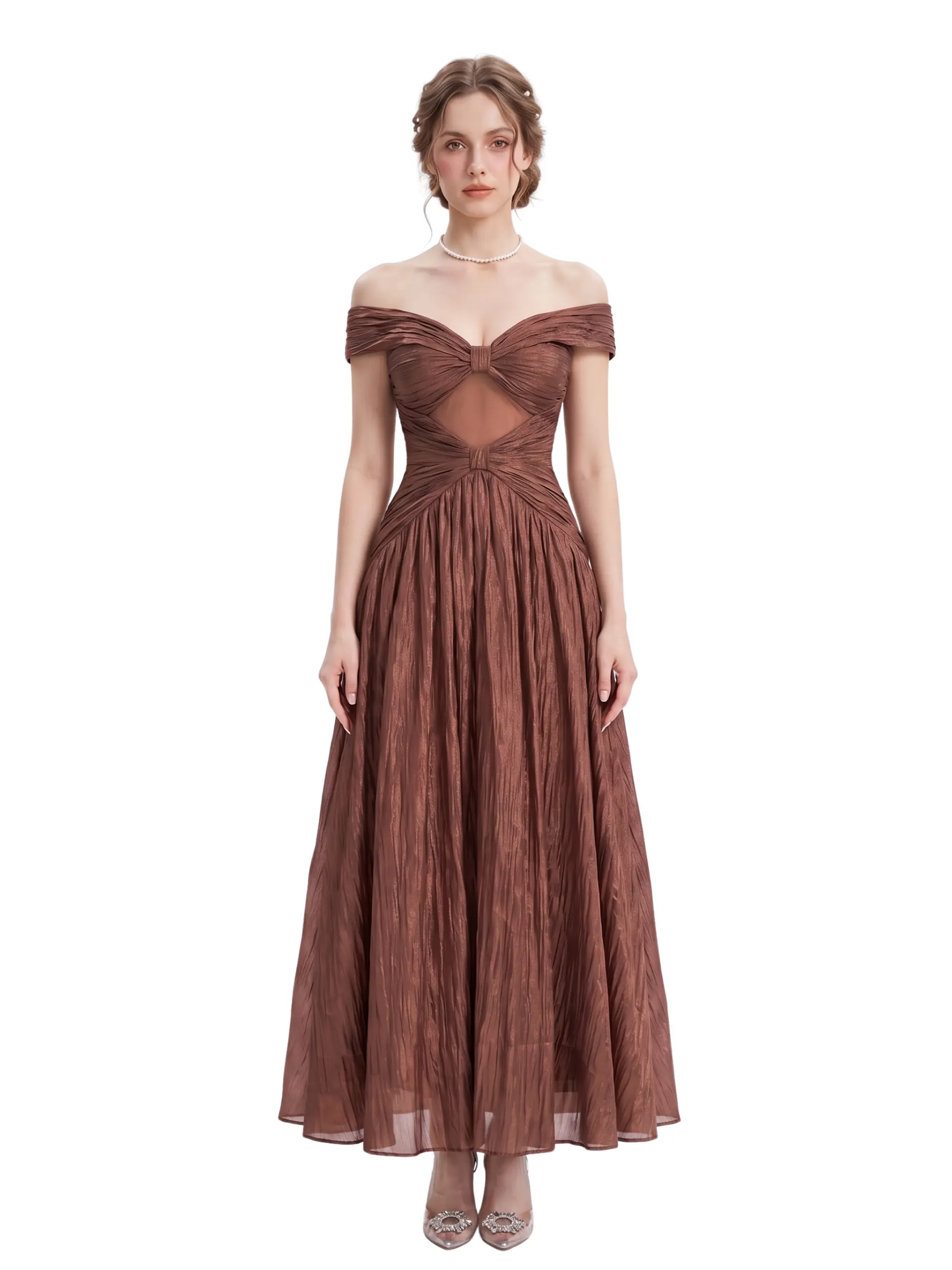 Model wearing the Elowen brown off-the-shoulder corset maxi dress with a ruched bodice, sheer illusion panel, and flowing A-line skirt.