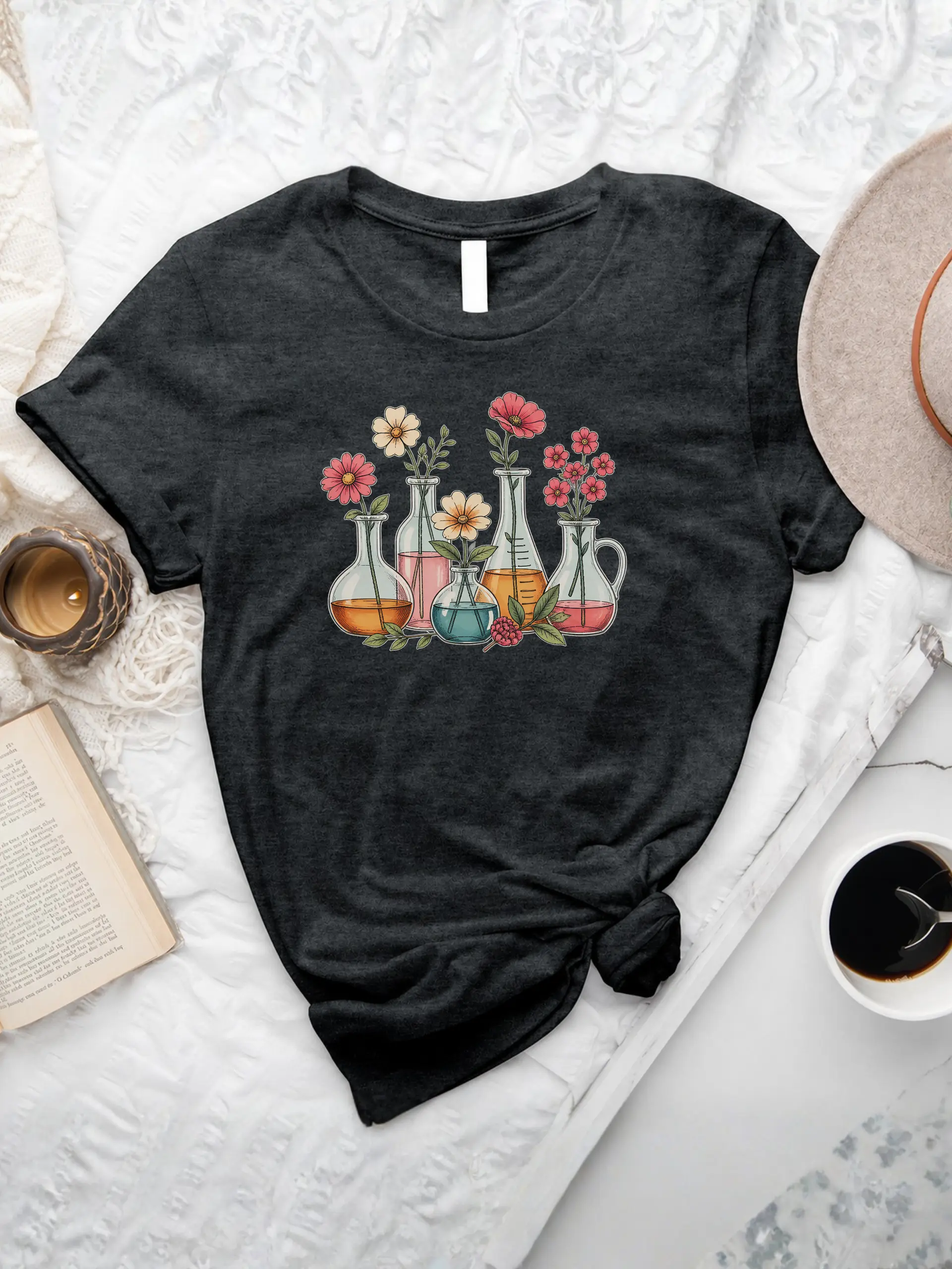 Floral Beakers Chemistry Lab T-Shirt in Dark Grey Heather with colorful laboratory glassware and blooming flower illustration