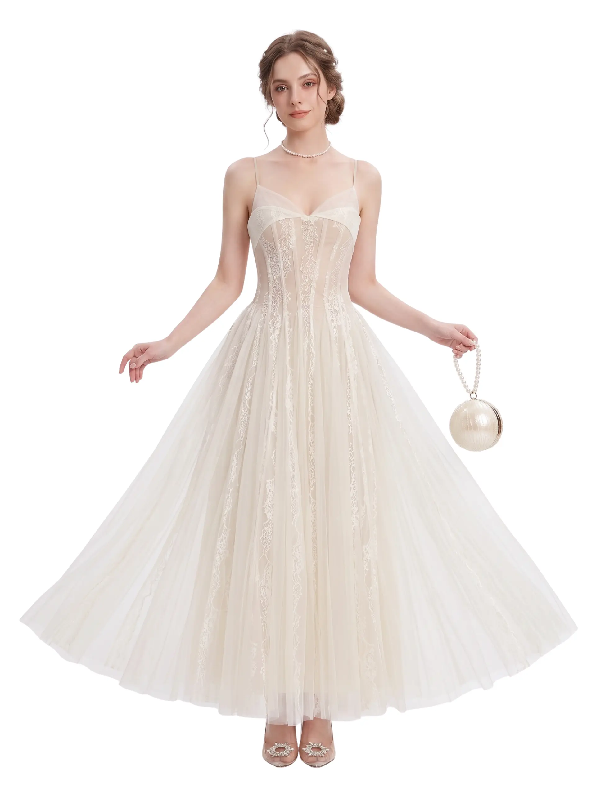 Front view of a model wearing the Hera ivory lace corset maxi dress with a sheer bodice, spaghetti straps, and a flowing A-line tulle skirt.