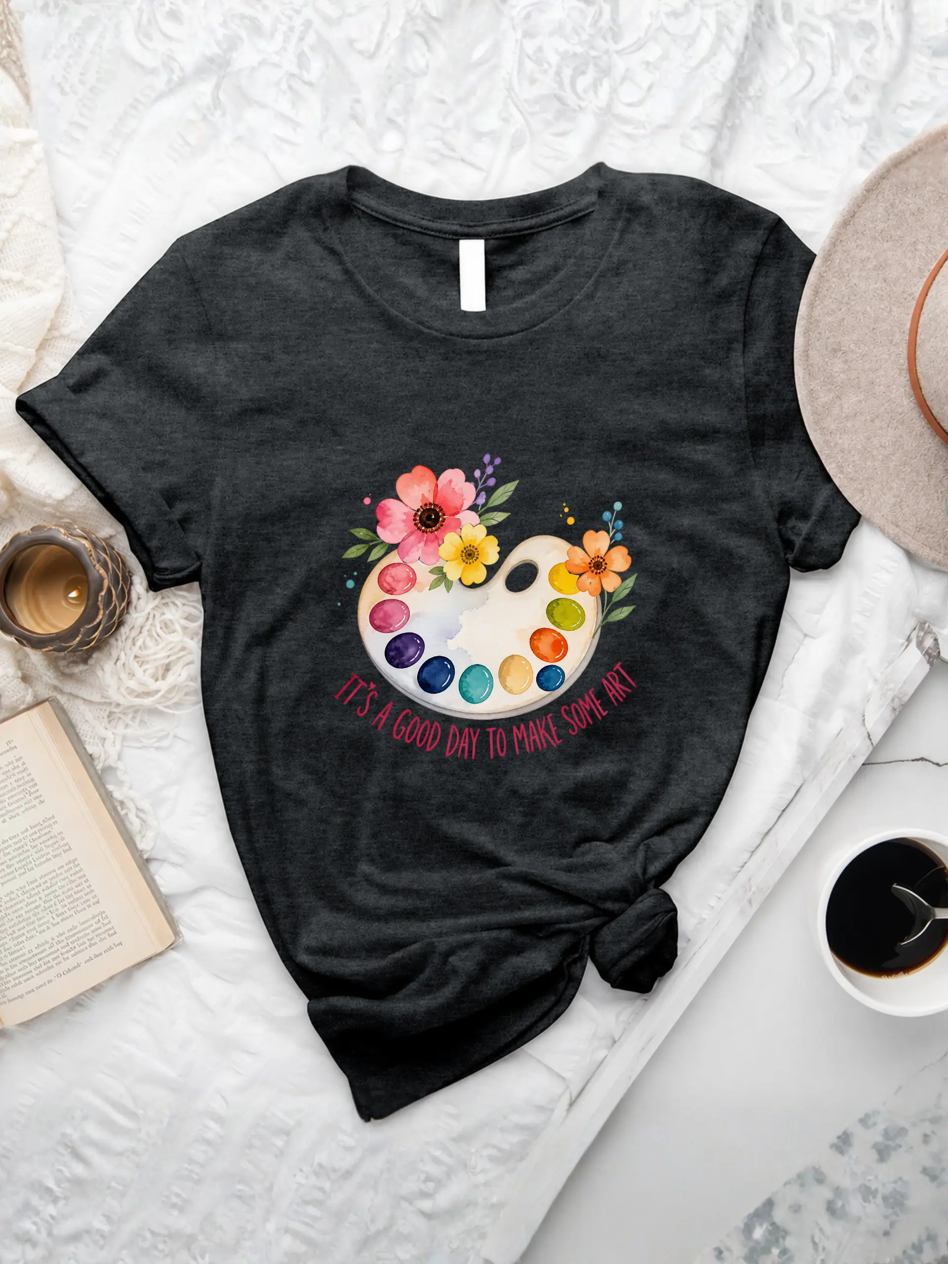 Black It's A Good Day To Make Art T-shirt featuring a colorful watercolor paint palette and floral illustration