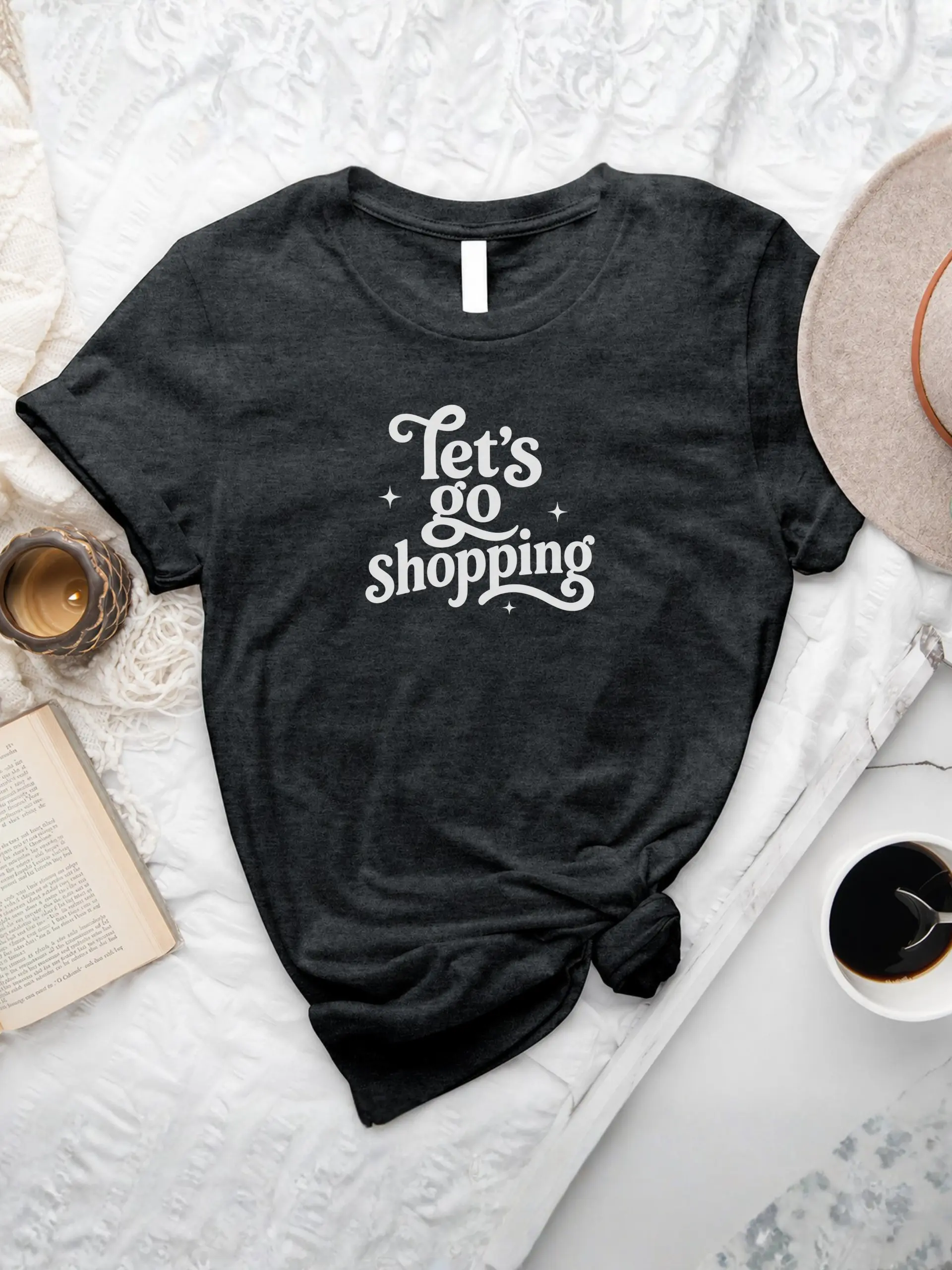 Let’s Go Shopping T-Shirt in Dark Grey Heather with retro white typography and sparkle accents