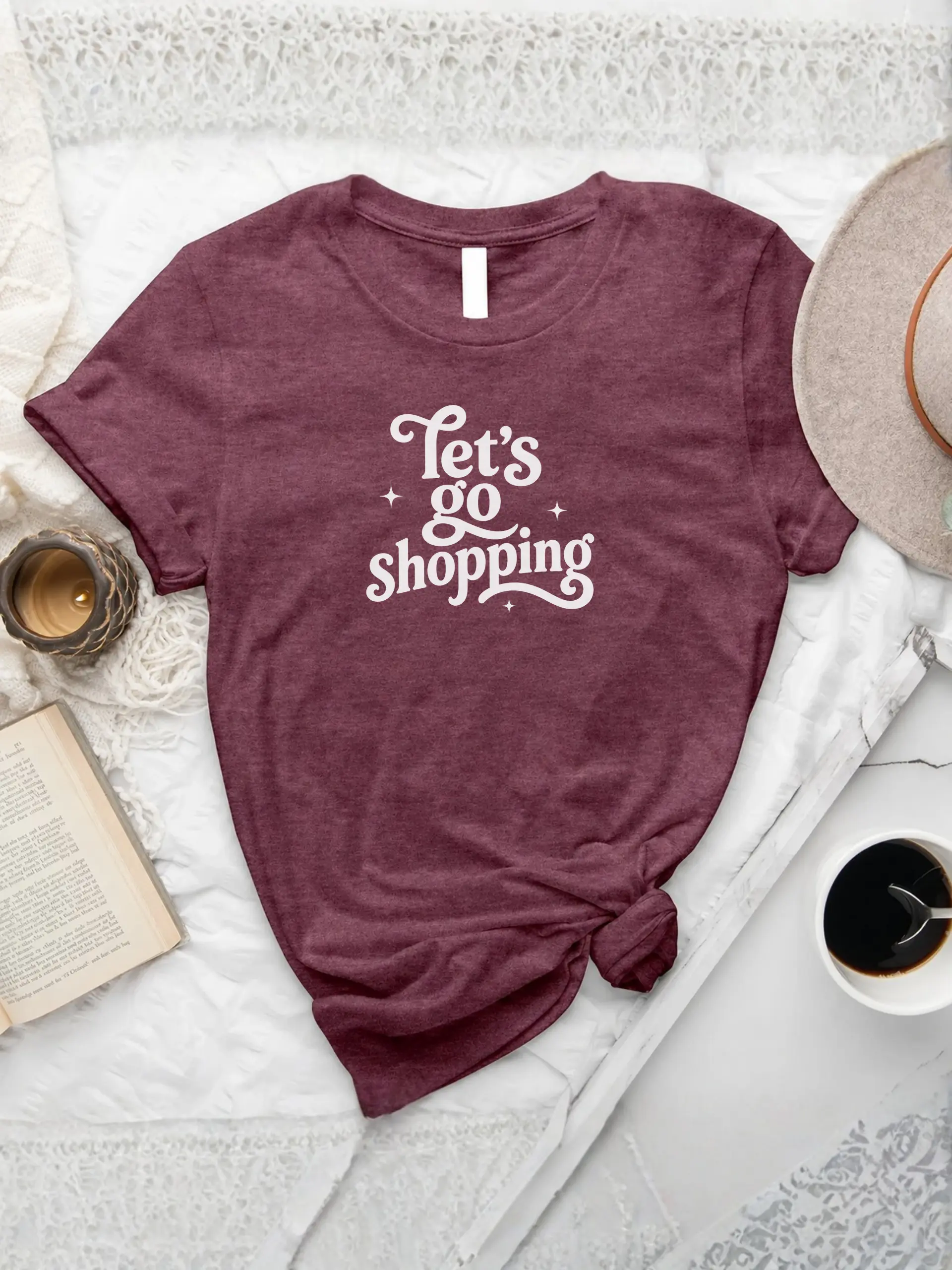 Let’s Go Shopping T-Shirt in Heather Maroon with retro white typography and sparkle accents