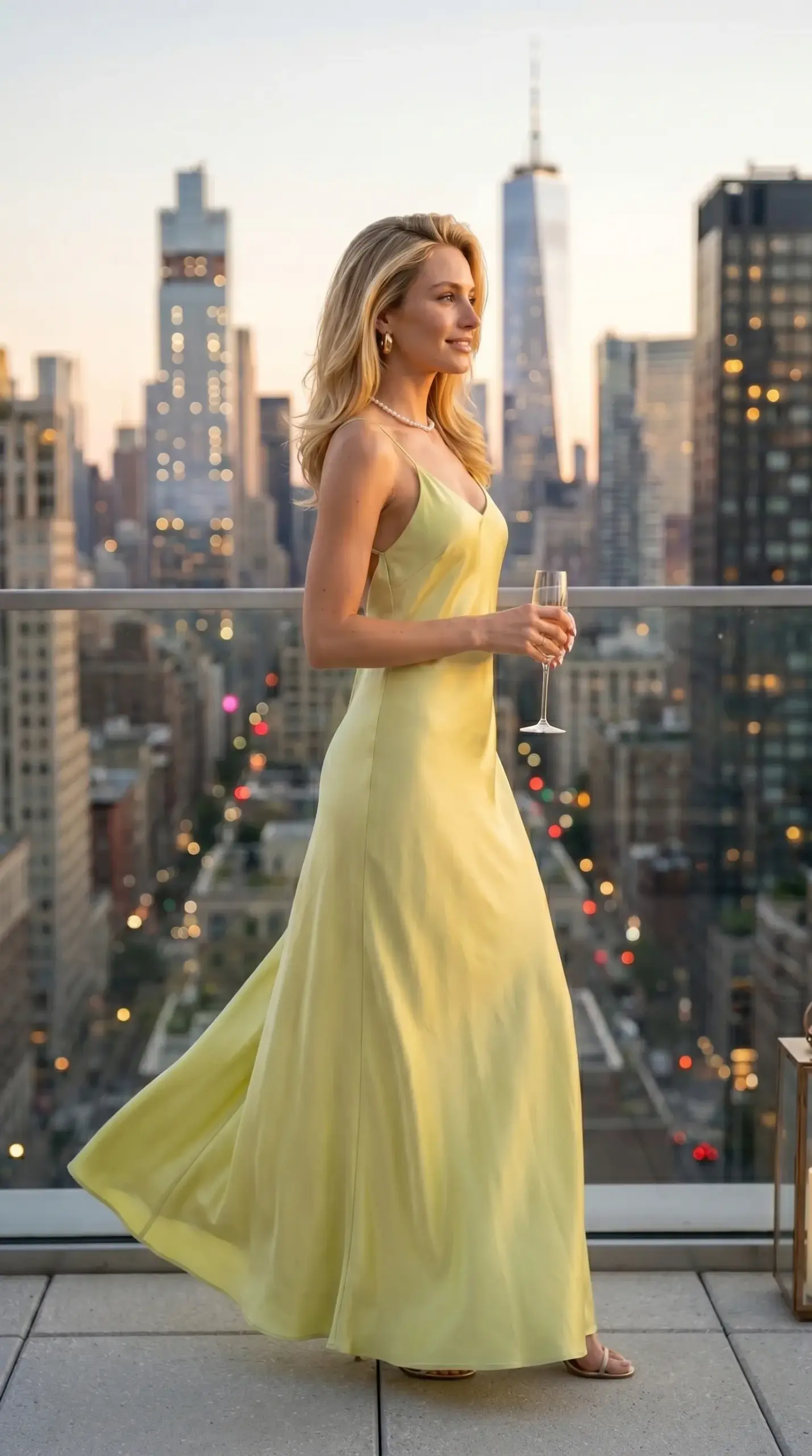 Woman wearing a yellow satin slip maxi dress at a New York City rooftop party during sunset.