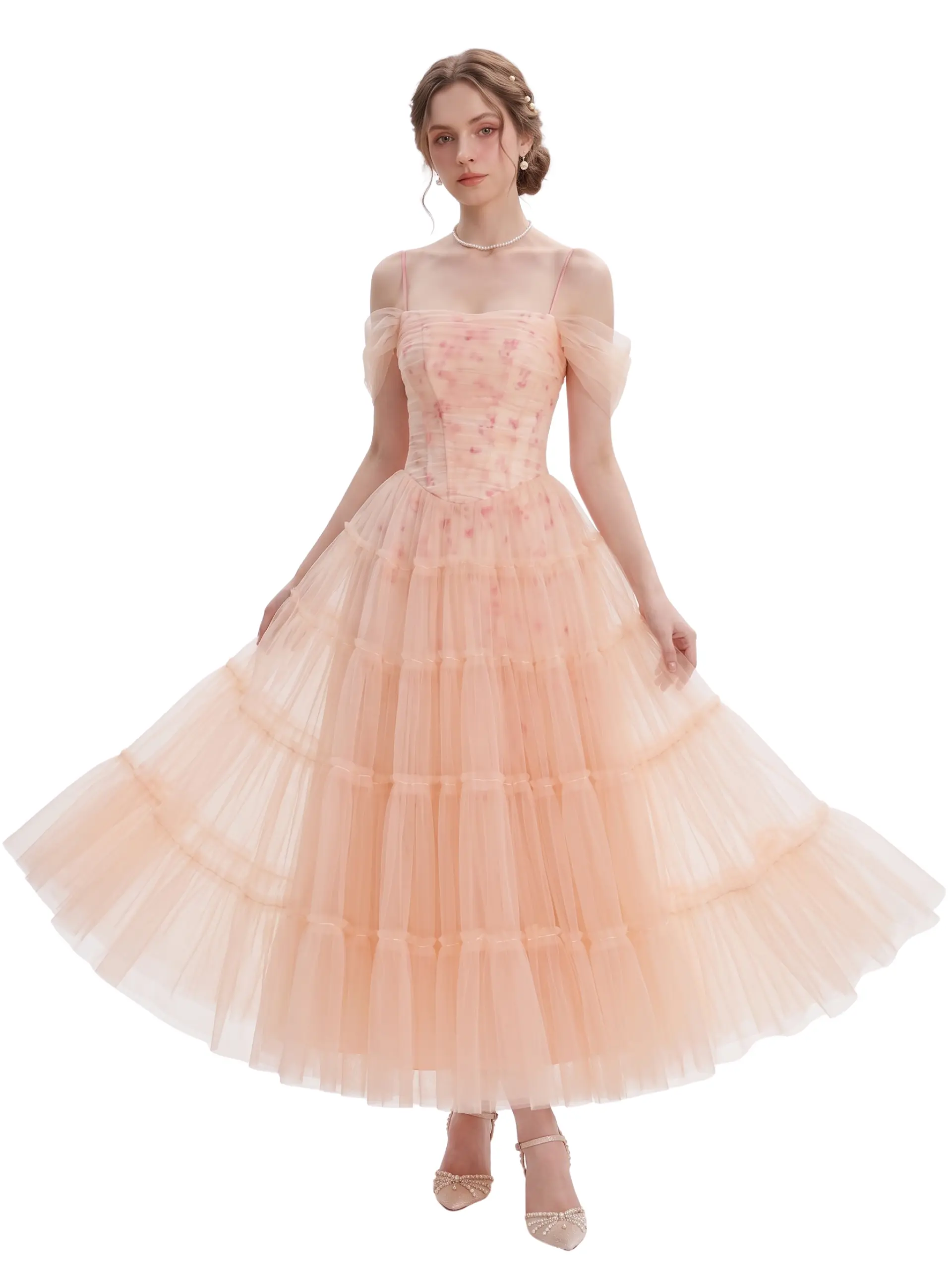 Front view of the Posy blush pink tulle off-the-shoulder maxi dress with a ruched corset bodice, floral accents, and a flowing tiered skirt.