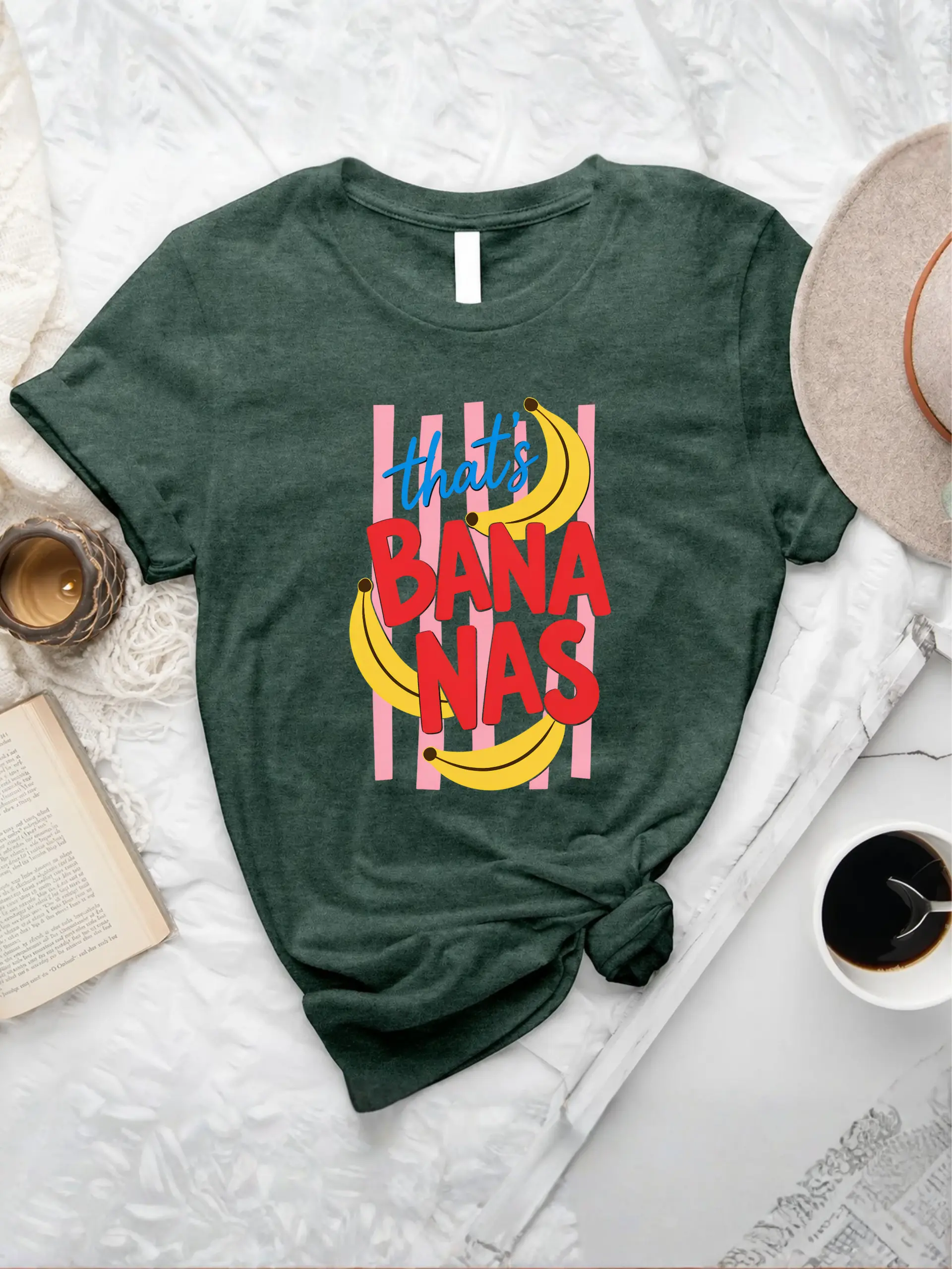 That’s Bananas Summer Fruit T-Shirt in heather forest with colorful banana graphics and bold red lettering.
