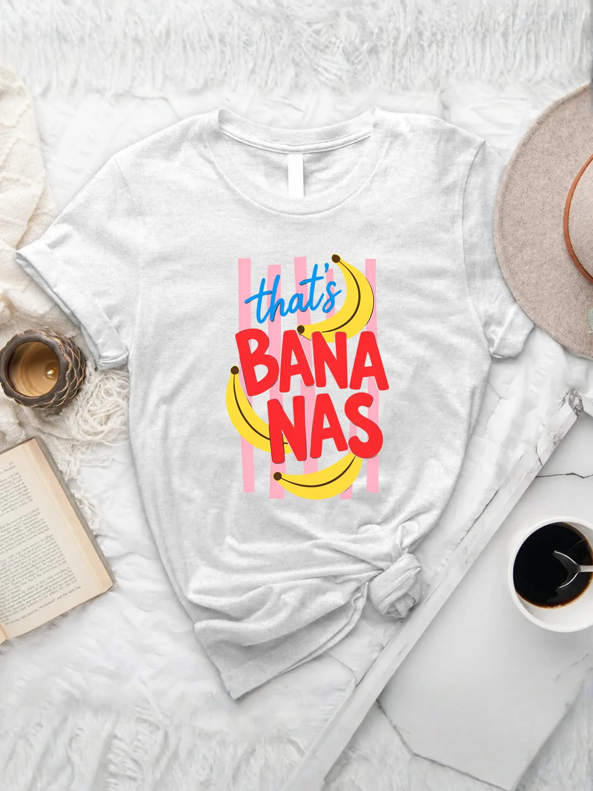 That’s Bananas Summer Fruit T-Shirt in white with colorful banana graphics, pink stripes, and bold red lettering.
