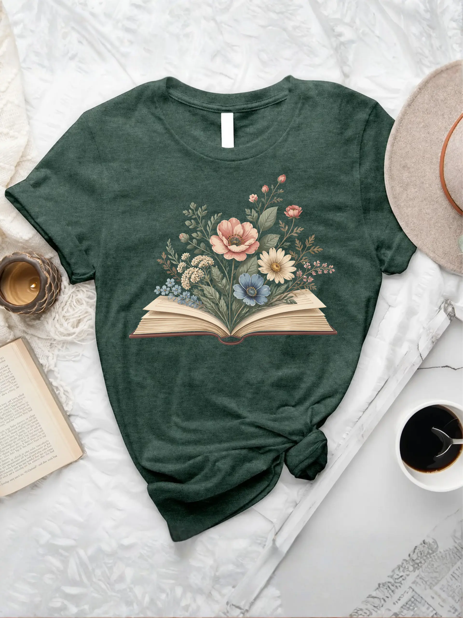 Watercolor Flowers Book T-Shirt in Heather Forest featuring colorful wildflowers blooming from an open book