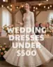 Bride wearing an ivory long-sleeve lace wedding dress at a rustic reception with the text “Wedding Dresses Under $500.”