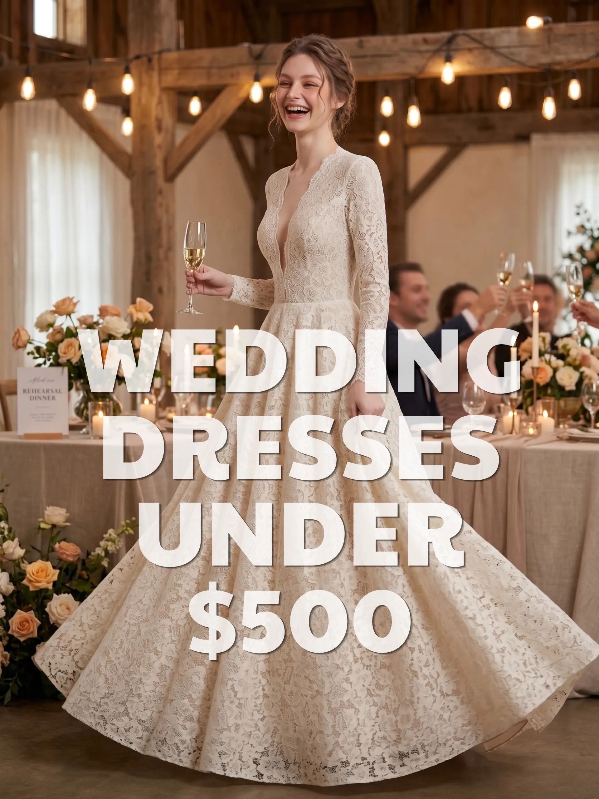 Bride wearing an ivory long-sleeve lace wedding dress at a rustic reception with the text “Wedding Dresses Under $500.”