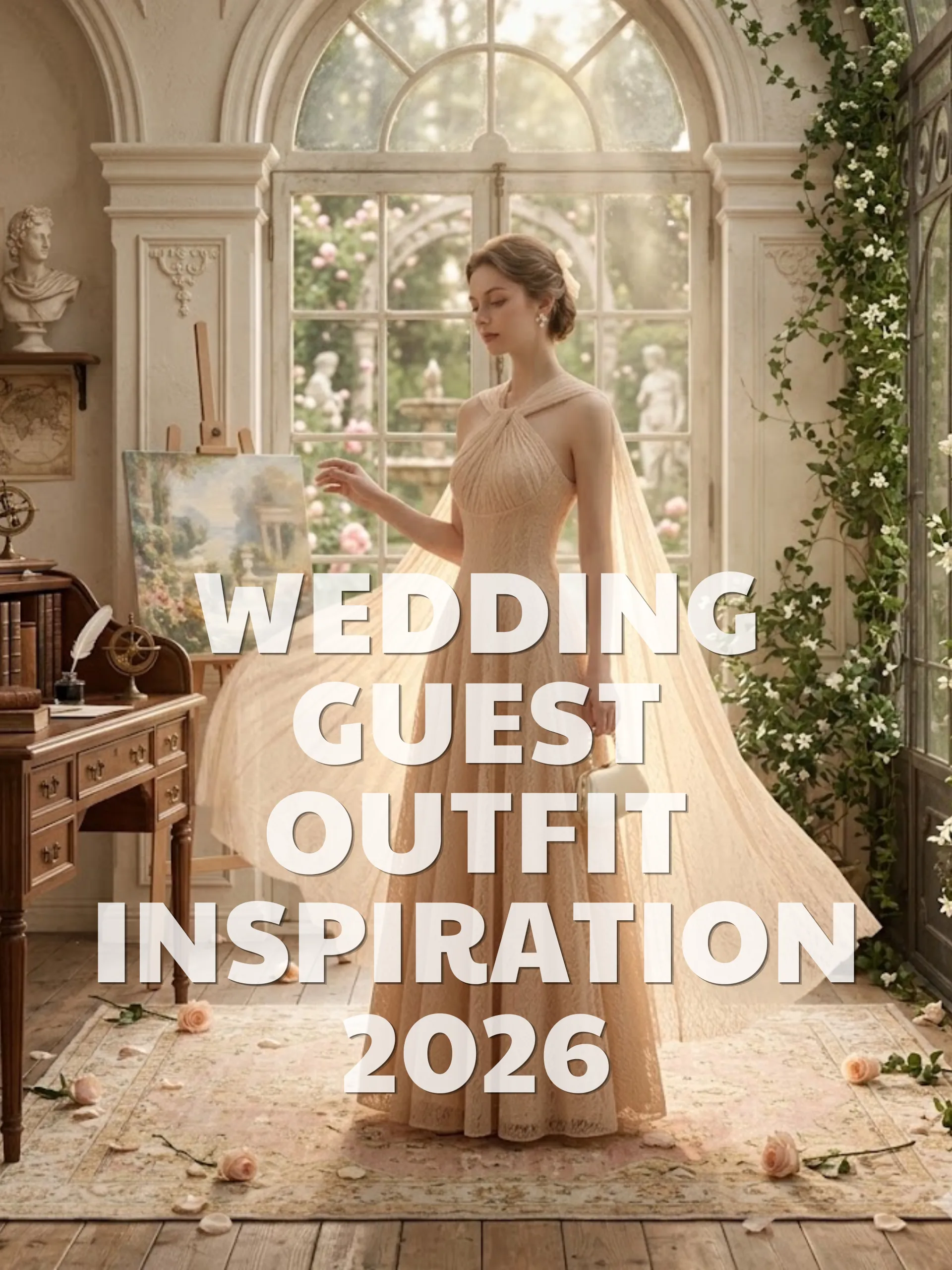 Woman wearing a champagne halter-neck tulle gown with a flowing cape in an elegant garden conservatory.